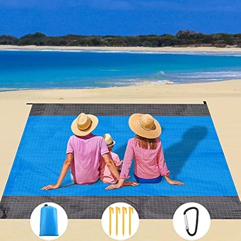 Neween Beach Blanket Waterproof Sandproof, Lightweight Oversized Beach Mat for 1-4 Adults, Outdoor Picnic Mat Blanket Machine Washable with Stakes and Bag for Camping, Hiking (Blue-Grey, 55"x79") Cover