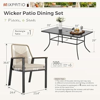 7 Pieces Outdoor Dining Set for 6, Patio Dining Set Wicker Rattan Chairs with Soft Cushion and Metal Rectangular Table, Wicker Patio Table and Chairs for Backyard Porch