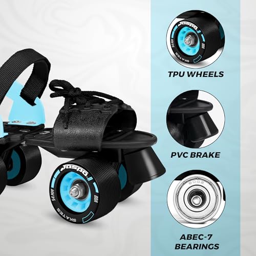 Image of JASPO Razor Adjustable Roller Skates | Unique Ankle Support | 61mm PU Wheels | Anti-Skid Surface | Lightweight | Quad Skates for Kids & Adults (Size 25-31 cm, Age 8+)
