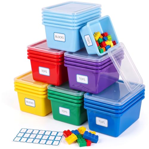 Image of Hushee 24 Pack 6 Quart Classroom Cubby Storage Bins with Lids and Labels | Fits 12 x 8 x 5 Inch Cubbies, 6 Colors and Clear Lids for Easy Storing, Durable and Stackable for Toys Books Shoes Crafts