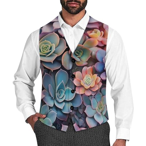 Succulents Colored Suit Vest for Men Slim Fit Sleeveless Jacket V Neck Business Waistcoat Button Up Dressy Top
