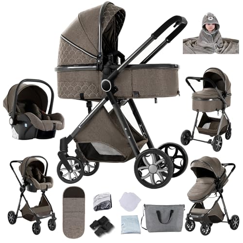 Veitoalioy Poussette 3 en 1, Haute vue Poussette Bebe Pliante, Poussant Avant Et Arrière En aluminium, Système De Voyage Pour Bébé (V9 Chocolate)
