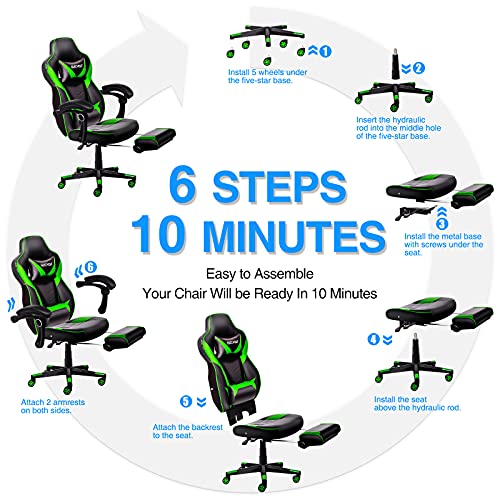 Elecwish Video Game Chair High-Back Pu Leather Racing Office Chair 360 Swivel With Widen Thicken Seat, Footrest And Lumbar Support 170 Degree Reclining Large Size Ergonomic Chair (Green) #TOP4