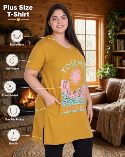 Image of In Love Women Cotton Regular Fit Plus Size Long-Line Chest Print T-Shirt with Pocket