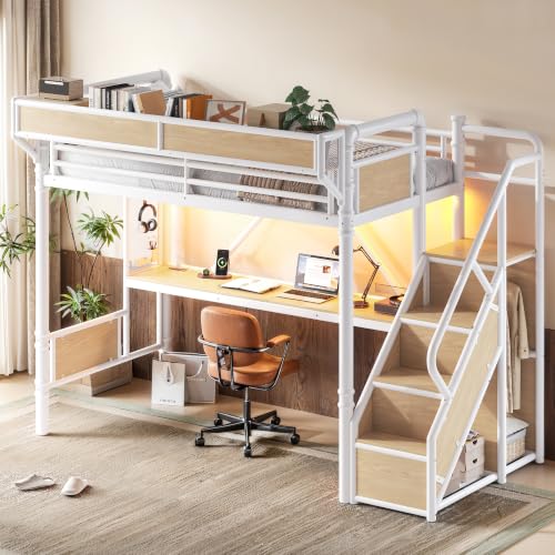 Image of Bellemave Twin XL loft Bed with Storage Stairs, Wardrobe, Shelves, Metal Twin XL Loft Bed Frame for Adults, Kids, Teens, White+Natural Wood with Stairs