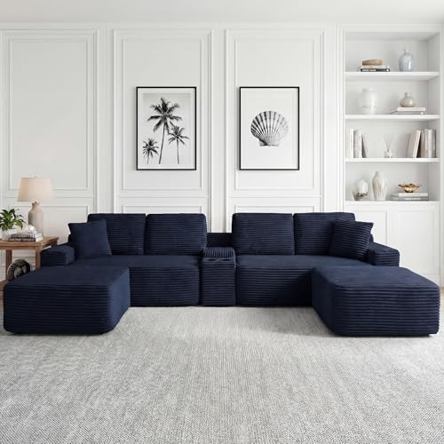 Image of 125 Inch Modular Sectional Sofa, Modern Oversized Corduroy Cloud Couch with 2 Ottomans, Cup Holders and USB Ports, U Shape Couch Boneless Couches for Living Room, No Assembly Required, Blue