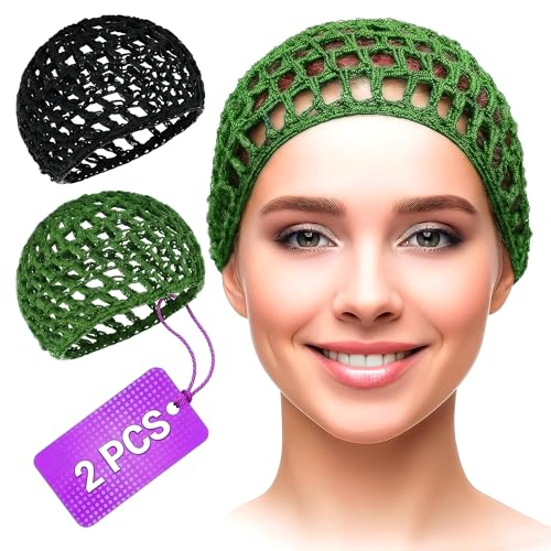 KETAR 2 Pcs Crochet Hair Net for Sleeping, Polyester (Black & Green)