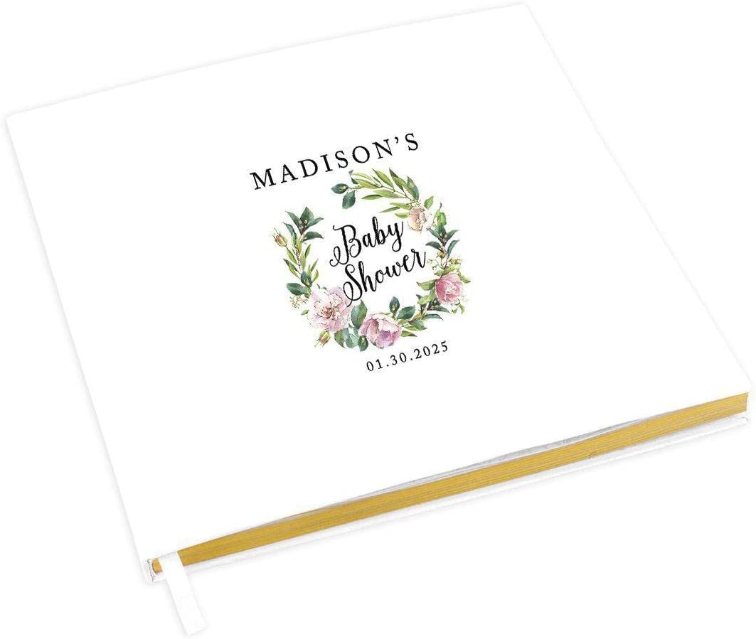 Andaz Press Personalized Baby Shower Guestbook with Gold Accents, Watercolor Pink Peonies Custom, White Guest Sign in Registry 120 Pages 8.5 X 8.5 Memories Book for DIY, Scrapbook, Photo Album