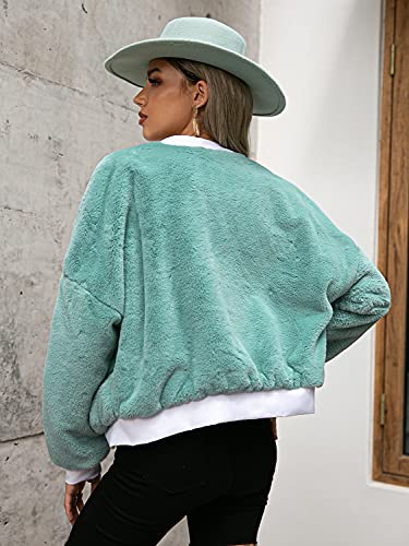 Women's 2021 New Oversized Fuzzy Cropped Jacket Open Front Faux Fur Sherpa Cardigan Coat With Pockets Light Blue M #TOP2