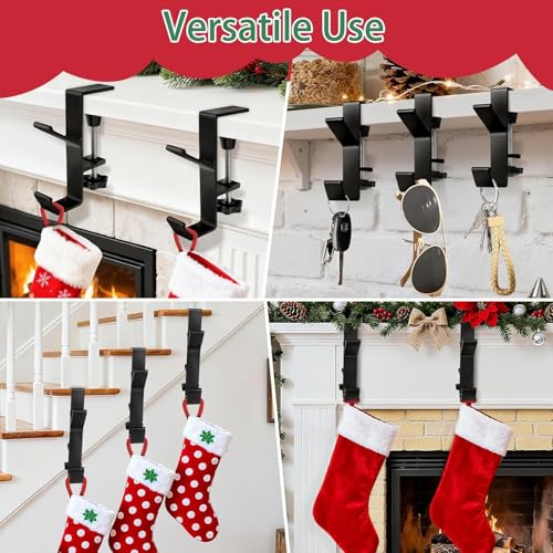 4 Pack Stocking Holders for Mantle for Christmas Decorations,2 in 1 Mantle Garland Holder for Hanging Christmas Stockings,No Drilling Required & Adjustable Garland Hanger, Metal(Black) (4 Black) — view 4
