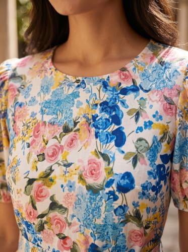 Image of HELLCAT Women Floral Fit & Flare Midi Dress | Round Neck, Puff Short Sleeve, Waist Tie-Up Belt | Casual Brunch Wear, Western One Piece, A-Line Long Frock, Summer Party Outfit