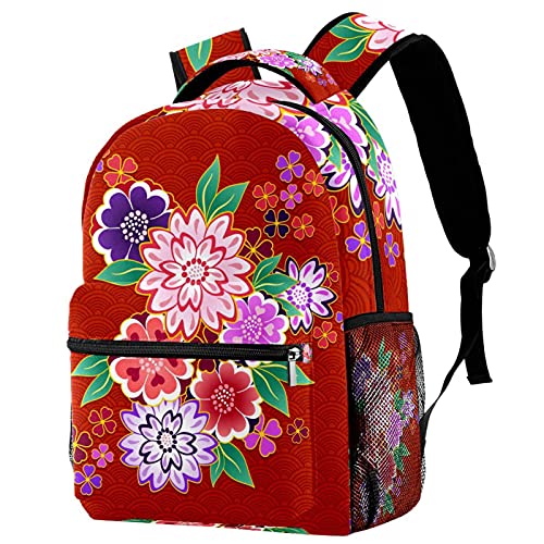 Sac à dos de voyage floral rouge avec porte-bouteille pour enfant