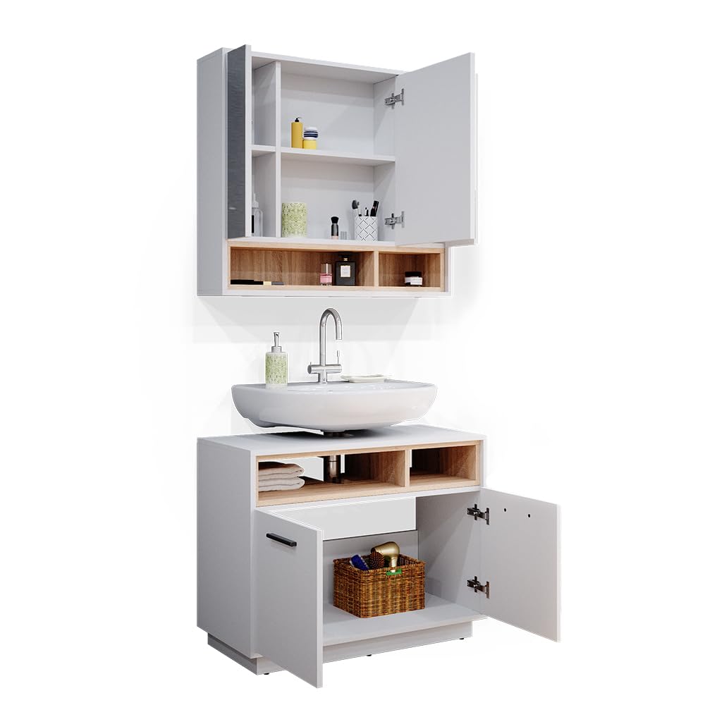 Vicco Set mobili bagno Beatrice, Bianco, 80 cm, composto da specchio da bagno e mobile sottolavabo