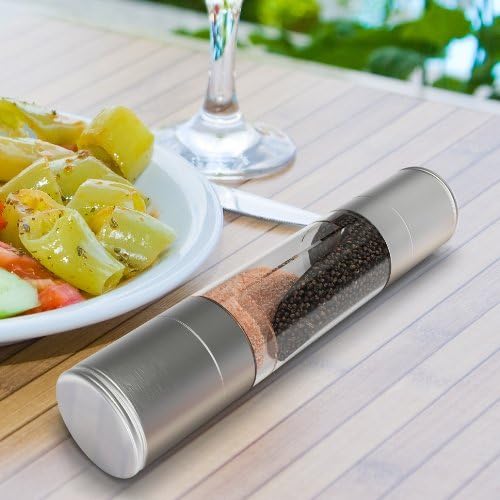 Salt and Pepper Grinder Set, 2 in 1 Stainless Steel Model of Highest Quality. The Salt Mill and Pepper Grinder Combines Two Mills Into One Dual Ended Design.
