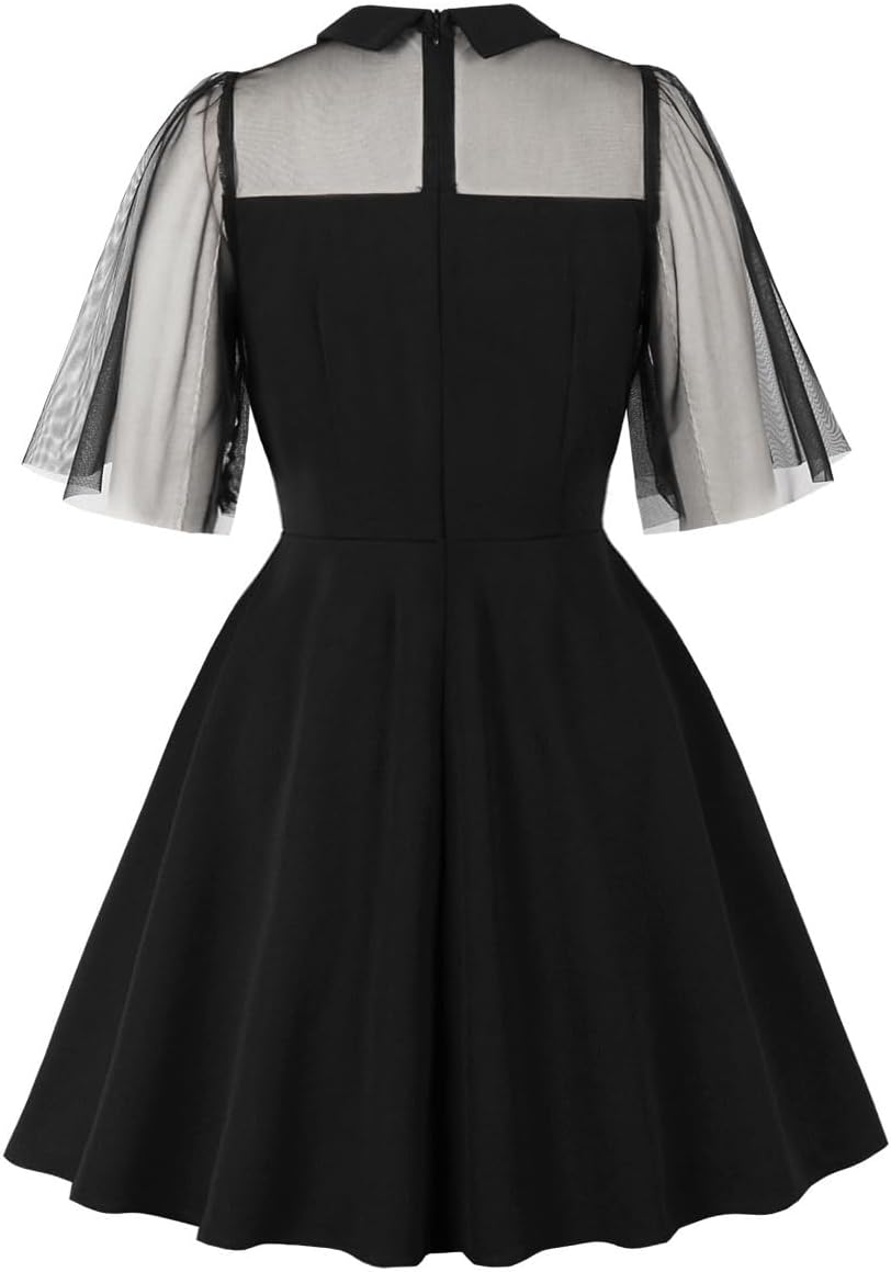 ODIZLI Women's 1950s Retro Dress Mesh Short Puff Sleeve Swing Midi Dress Cocktail 50s Style Dresses for Women