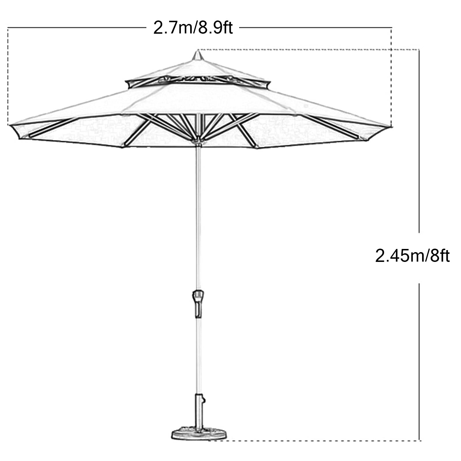 Φ2,7m okrągłe plażę duży ogrodowy Parasol, aluminiowa kolumna środkowa, multi funkcjonalne podwójne osłona słoneczne, korba ręczna, odpowiedni basen, plaża, taras, ogród podstawą z bazą