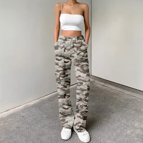 Image of Lepunuo Cargo Pants for Women High Waisted Casual Pants Baggy Stretchy Wide Leg Y2K Streetwear with 6 Pockets