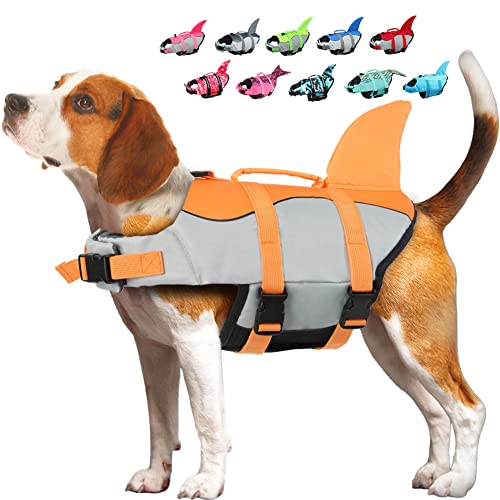 EMUST Dog Life Jacket, Shark, Dog Life Jackets for Small, Medium and Large Dogs with Rescue Handle, Life Jacket for Dogs, Safety Vest for Swimming Pool, the Beach, Boating, (S, Orange)