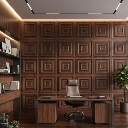 Image of Kayra Decor 3D PVC Wall Panels for Bedroom & Living Room | Pryamid Design |Walnut Wood Color | 19.7 x 19.7 Inch | Pack of 40 | 107.6 Sq Ft