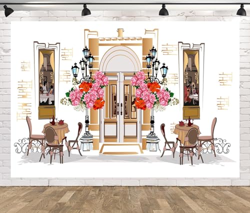 CORFOTO 7x5ft Street Cafe Hand Drawn Pictures Backdrop French Retro Old Town Coffee Shop Photography Backdrop Girls Women Tea Party Background Cake Table Decor Photo Booth