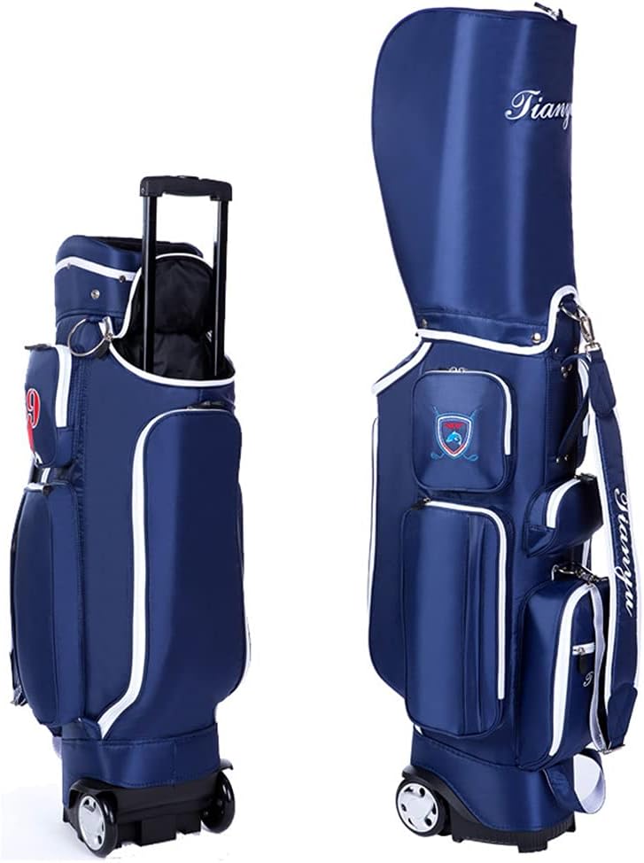 Golf Clubs Cart Carry Bag with Wheels with 5 Way Dividers, Portable Lightweight Golf Trolley Bag with Shoulder Strap, Blue
