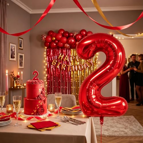 Image of Number Balloons Red Party Balloon - 40 Inch Large Number 2 Balloon, Numbers Balloon Birthday Decorations, Red Party Supplies for Anniversary