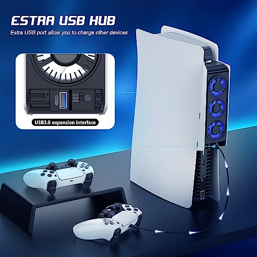 PS5 Ventilateur de Refroidissement Améliorer Cooler avec 3 Fans 2 Vitesses Lumière LED Port USB, Systeme Refroidissement Accessoire pour Playstation 5 Disc et Digital Edition – vue 5