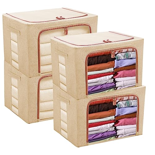 YOUNTHYE 4 Pack Clothes Storage Bags, 24L Foldable Clothes Storage Boxes with Lids, Clear Window & Carry Handles, Cotton Linen Cloth Steel Frame Box with Zippers