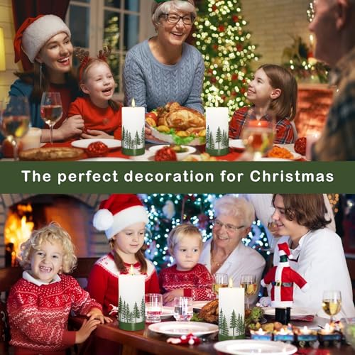 Image of Holiday Flameless Candles Green Hand Drawn Christmas Tree Design with Remote Control, Flickering Real Wax Christmas LED Candles - Home Party Bathroom Room Xmas Decorations - Set of 2