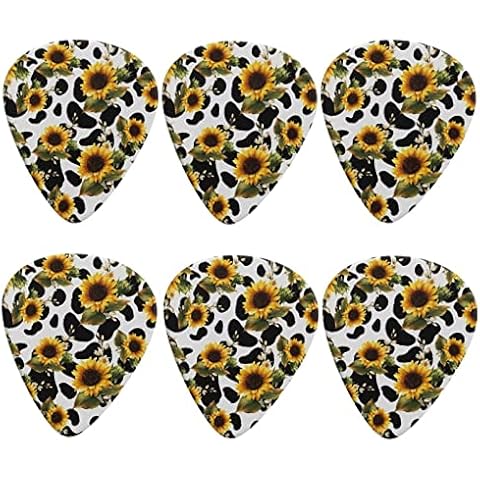 Renewold Guitar Picks 6 Pack Sunflower Cow Print Fashion Medium Heavy Gauges for Bass Electric Guitar Acoustic Guitar Lovers Guitarists Decorative Accessiores Cover
