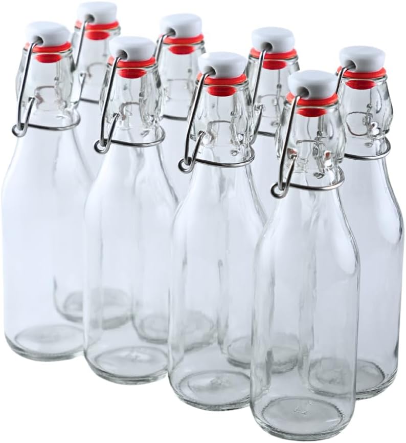 FastRack 8.5oz Swing Top Glass Bottles (Pack of 8) | Clear Resealable Flip Top Bottles with Airtight Lids – Reusable Grolsch-Style Bottles for Kombucha, Beer, Soda, Mead, Vinegar & Olive Oil