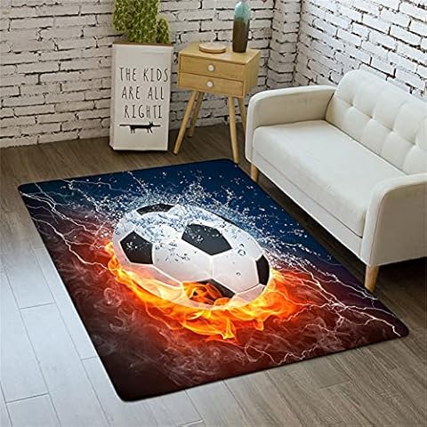 PEIHUODAN Modern 3D Football Printed Area Rug Anti-slip Teen Boys Men Sport Style Yin Yang Water Fire Football Lightning Green Football Field Baby Play Rug Gaming Washable (Orange,120 x 180 cm) Cover