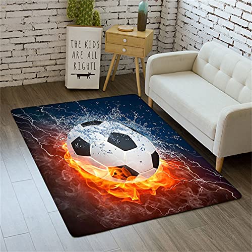 Alfombra Fútbol Estilo Deportivo 3D Campo de Fútbol Verde Azul Fuego Agua Yin Yang Lightning Dormitorio de Niño Alfombra de Sala de Estar Alfombra de Baño Antideslizante (Naranja,120 x 160 cm) Cover