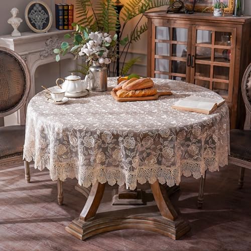 ARTABLE Rectangle Small Table Cloth Lace Macrame Vintage Tablecloth Shabby Chic Embroidered Oblong Table Cover for Wedding Banquet Holiday Long Dinner Tables (Golden, 60 Inch Round)