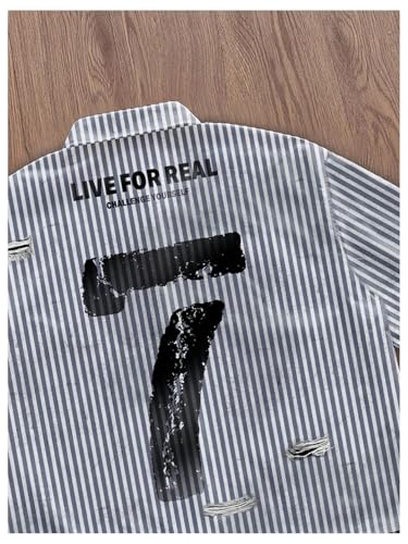 GORGLITTER Men's Ripped Letter Graphic Y2k Button Down Shirt Striped Short Sleeve Street Tops4
