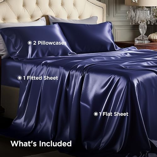 Image of Bedsure Navy Satin Sheets Full Size, Soft Silky Bedsheets for Hair & Skin | Similar to Silk Bed Sheets Set 4 Piece with 15 Inches Deep Pocket Fitted Sheet,1 Flat Sheet, 2 Satin Pillowcases