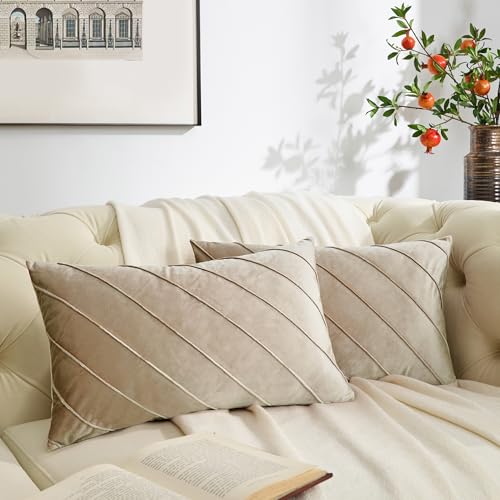 GIGIZAZA Champagne Velvet Stripe Throw Pillow Covers 20x12 Set of 2