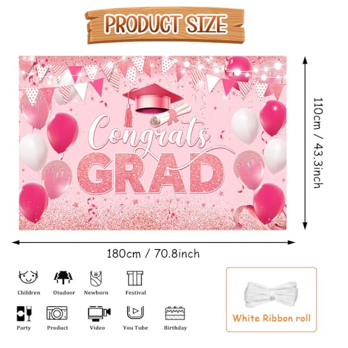Image of AIBIIN Congrats Grad Backdrop Graduation Decorations 2026 Pink Gold Glitter Balloons Congratulations Graduation Party Decorations Background for Photography Party Supplies 70.8x43.3 Inch