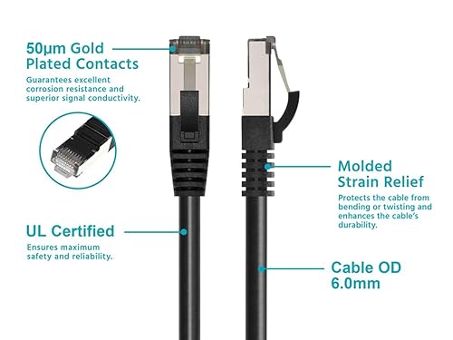 Miniatura 3 de Monoprice Cable de conexión Cat8, 10 pies, color negro, doble blindado (SFTP), 28AWG, 2GHz, 40G, cobre puro desnudo, RJ45 sin enganches, cable
