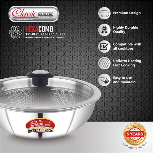 Image of Classic Steels Hexa Comb Triply Stainless Steel Tasla with Glass Lid - 3 LTR (26cm) | Induction & Gas Compatible | Silver | Healthy Oil-Free Cooking | Durable & Rust-Free | 2.5mm Thickness