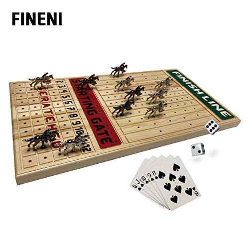 Fineni Horse Racing Board Game With Luxurious Durable Classic Metal Horses, 11 Pieces, 2 Colors (5 Black, 6 Silver), Real Pine Wood Horseracing Game Board, Dice And Cards #TOP2