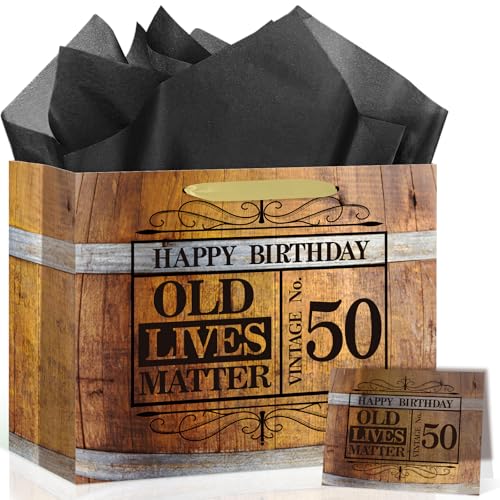50th Birthday Gift Bag with Whiskey Barrel Wrap & Card