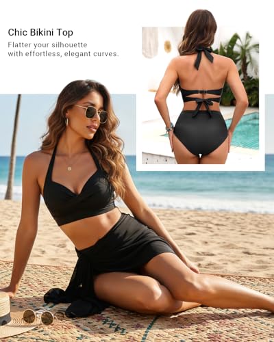 image for Tempt Me Women Black Halter Bikini Tops Push Up Retro Bathing Suits Pa