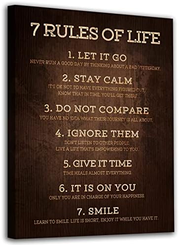 7 Rules of Life Inspirational Canvas Art Office Wall Decor Canvas Pictures Motivational Quotes Wall Art Dark Brown Retro Framed Canvas Prints for Living Room Bedroom Bathroom Kids Room Home 12" x 16"