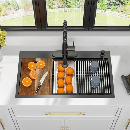 Image of 33 Black Drop In Kitchen Sink Workstation - Kichae 33x19 Drop In Kitchen Sink Black Stainless Steel Topmount 16 Gauge Deep Single Bowl Basin Round Corner