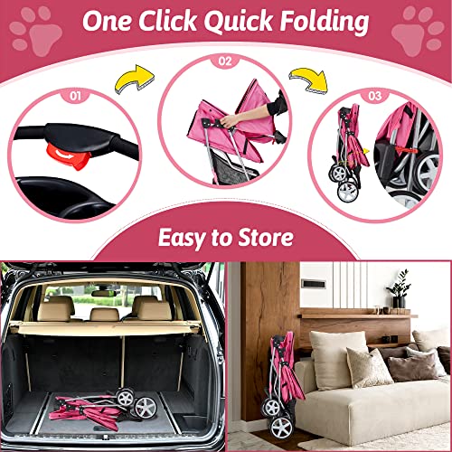 Azaeahom Pet Stroller 4 Wheels Foldable Stroller For Cat,Dog & More,Cat Jogger Stroller With Storage Basket & Breathable Mesh, Easy To Walk Folding Travel Carrier (Pink) #TOP2