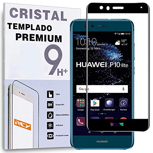 REY Protector de Pantalla Curvo para Huawei P10 Lite, Negro, Cristal Vidrio Templado Premium, 3D / 4D / 5D