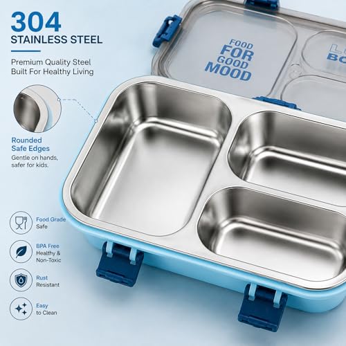 Image of Stainless Steel Lunch Box with 3 Compartments Leak Proof Airtight Lid BPA Free Food Storage Container Durable Portable Bento Tiffin for Kids Adults Office School Picnic (Blue)