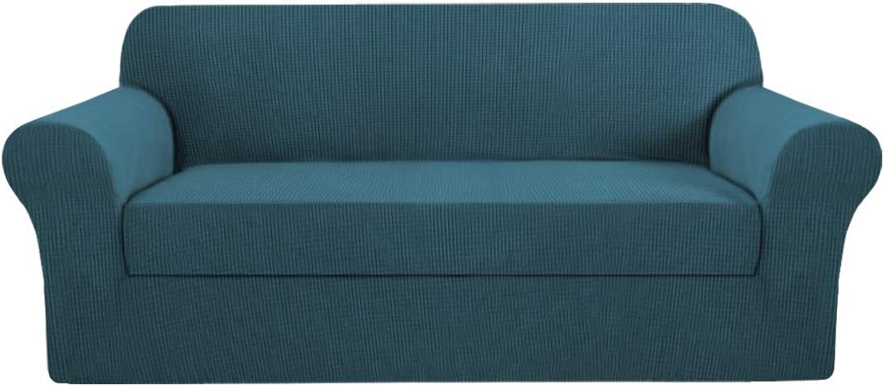 H.VERSAILTEX Sofa Cover 2 Piece Stretch Couch Covers for 3 Cushion Couch Sofa Slipcover Protector Cover with Individual Seat Cushion Cover, Feature Small Checked Jacquard (Sofa 72"-96", Deep Teal)