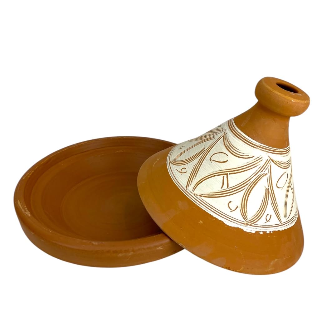 Tajine Marocchina in Terracotta, diametro 37x28h cm, Decorato a Mano, Naturale Non Smaltato, per 6-8 Persone
